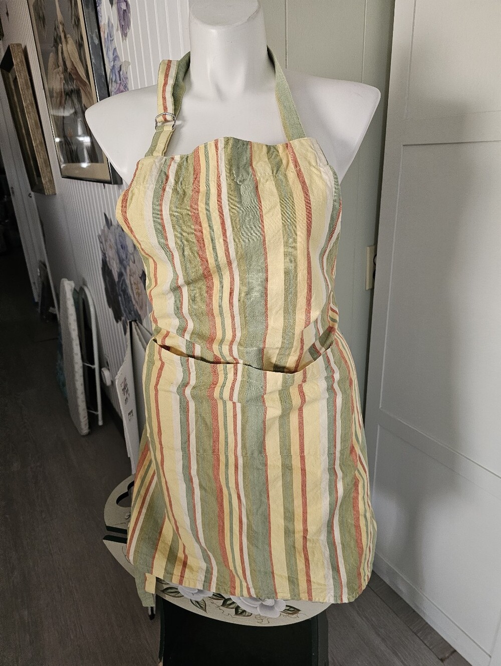 Crate & Barrel Unisex Multi Color Striped Cotton Kitchen Bib Apron with Pockets